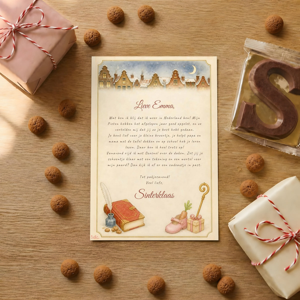 Persoonlijke brief van Sinterklaas op naam op aquarelbriefpapier tussen pepernoten en cadeautjes