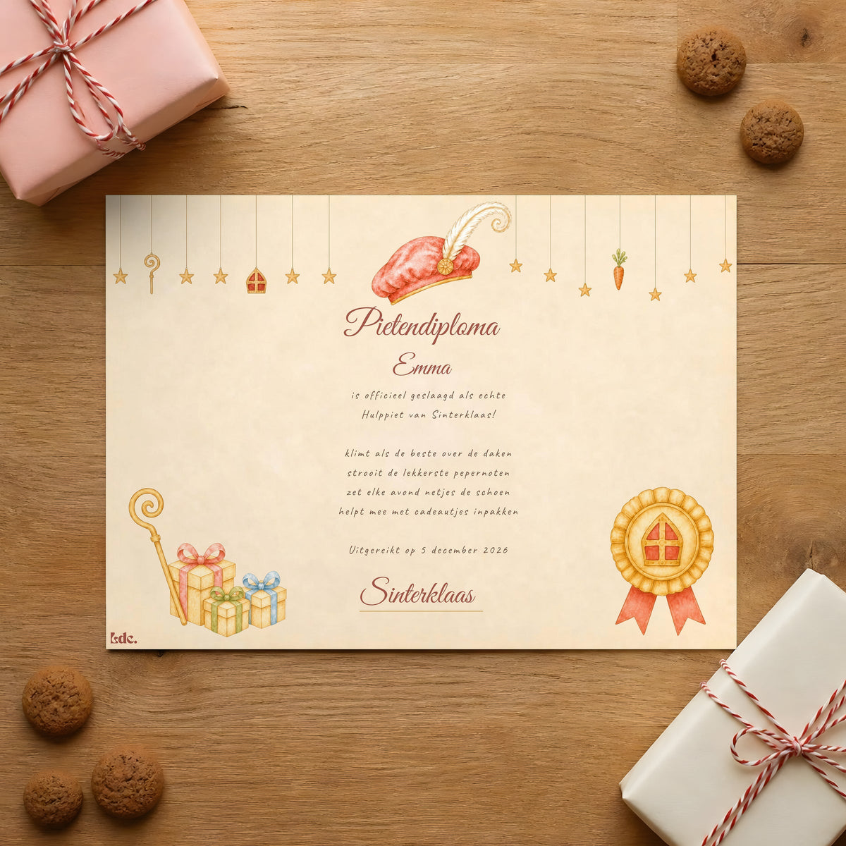 Pietendiploma op naam in aquarelstijl met pietenmuts, staf en cadeautjes op een houten tafel