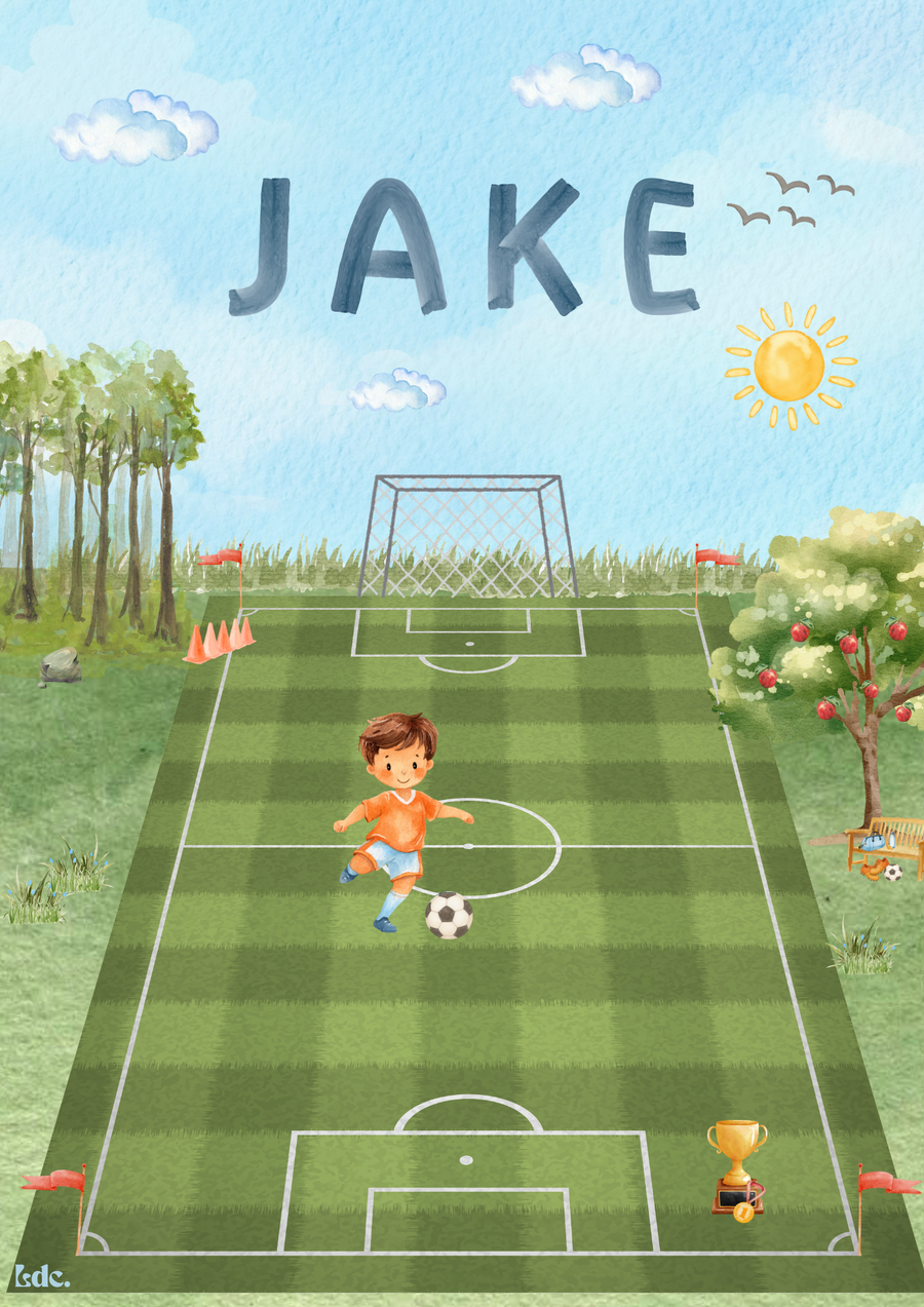 Gepersonaliseerde aquarel voetbalposter met naam Jake voor de kinderkamer