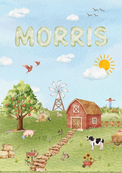 Gepersonaliseerde watercolor boerderij poster met naam Morris vastgehouden door kind in houten lijst