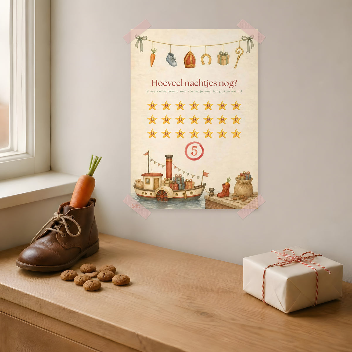 Sinterklaas aftelposter "Hoeveel nachtjes nog?" aan de muur