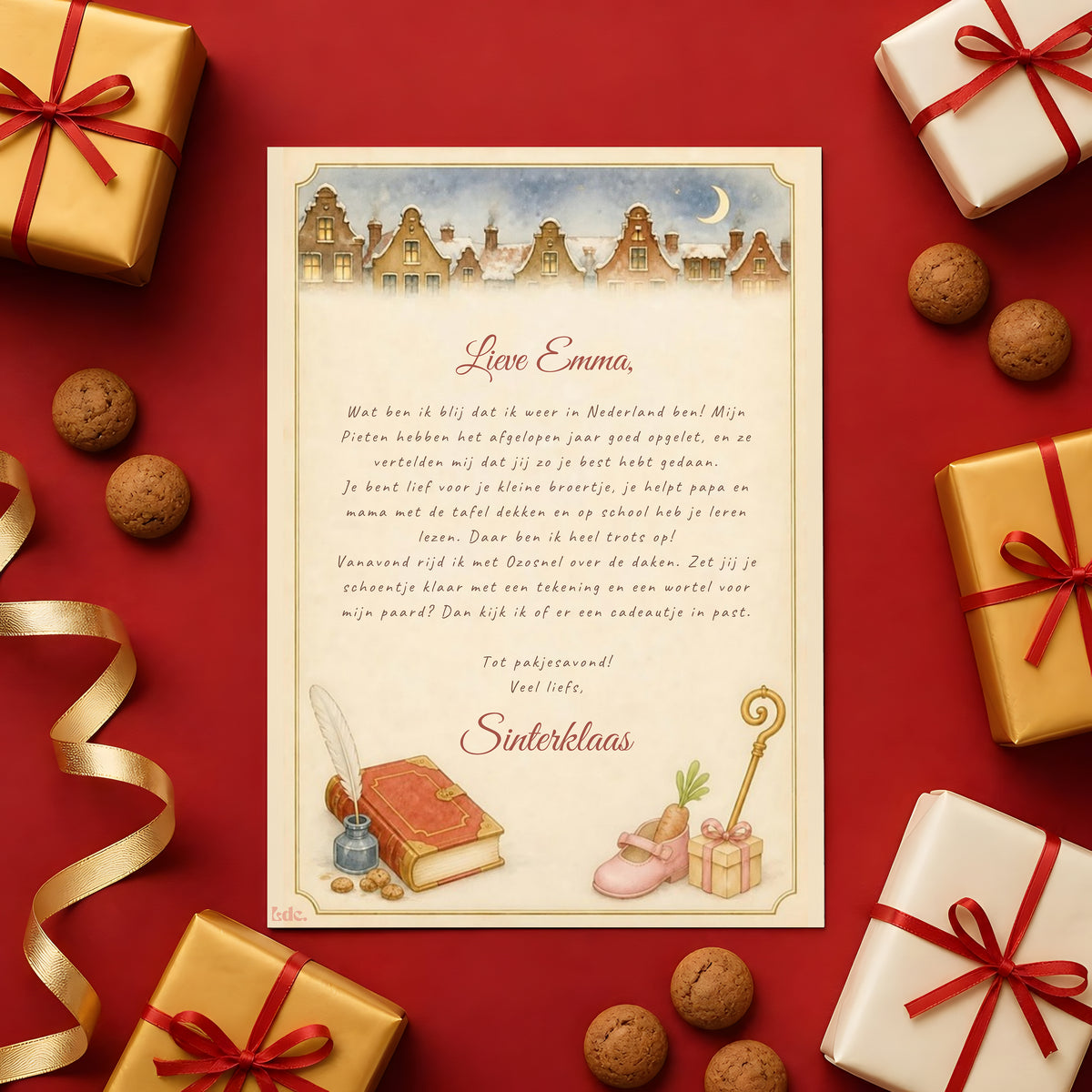 Persoonlijke brief van Sinterklaas op naam op een rode achtergrond