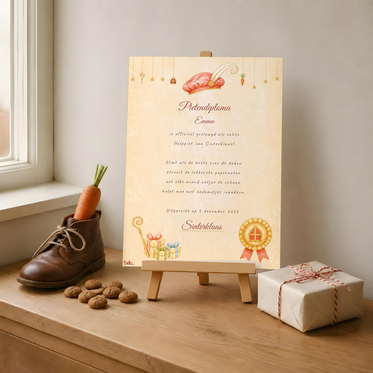Pietendiploma op naam in aquarelstijl met pietenmuts, staf en gouden rozet