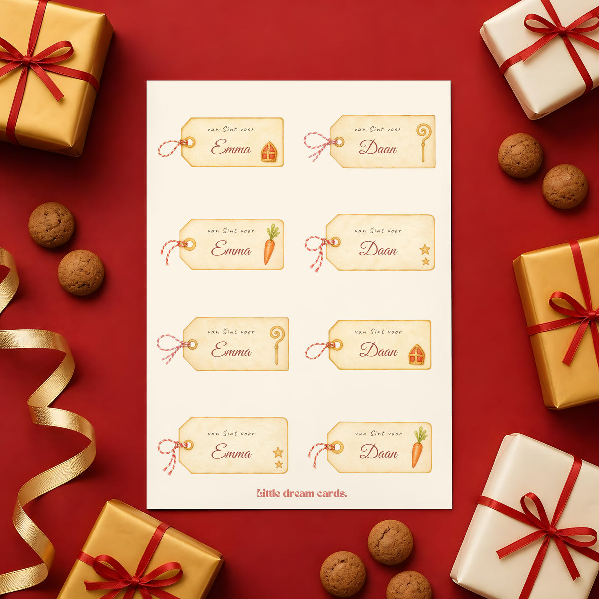 Sinterklaas cadeaulabels "van Sint voor" op naam op een rode achtergrond