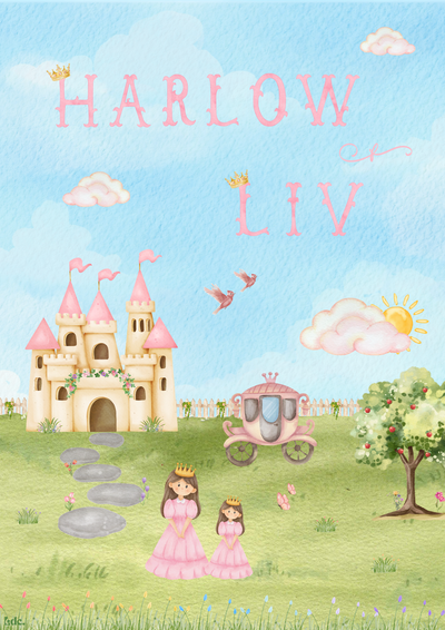 Gepersonaliseerde watercolor sprookjes poster met roze kasteel in lijst met meisje in prinsessenjurk