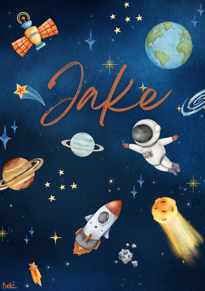 Gepersonaliseerde ruimte kinderkamer poster met naam Jake in houten lijst met teddybeer op kleed