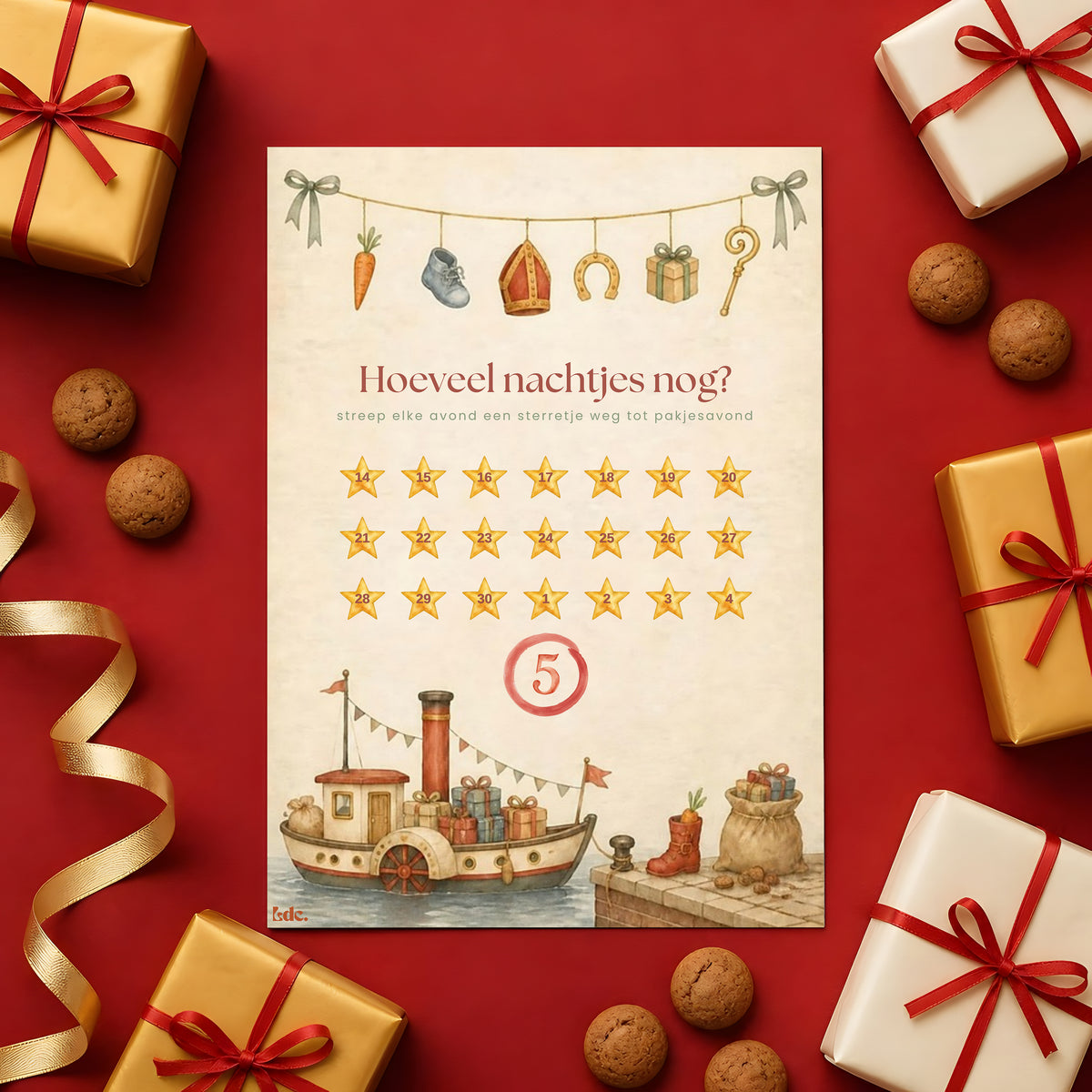 Sinterklaaspakket op naam met aftelposter, brief en verlanglijstje op een rode achtergrond
