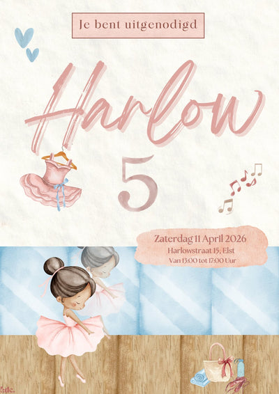 Gepersonaliseerde watercolor ballerina uitnodiging met naam Harlow en witte envelop