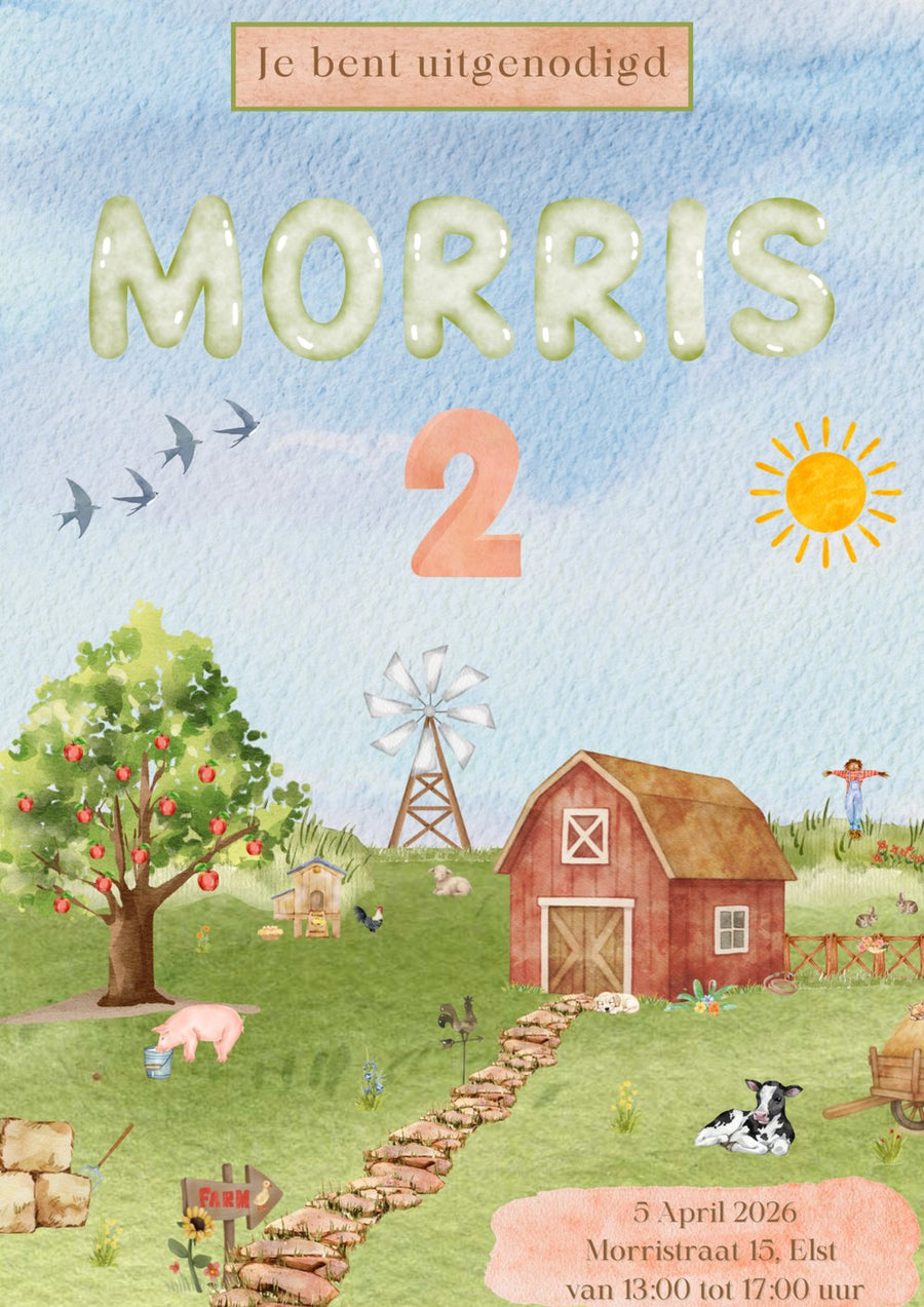 Gepersonaliseerde watercolor boerderij uitnodiging 2 jaar met naam Morris en witte envelop