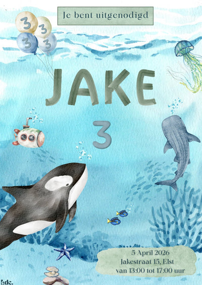 Gepersonaliseerde watercolor uitnodiging oceaan thema met orca en witte envelop