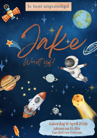 Gepersonaliseerde watercolor ruimte uitnodiging astronaut en raket met witte envelop