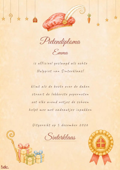 Pietendiploma op naam in aquarelstijl met pietenmuts, staf en gouden rozet