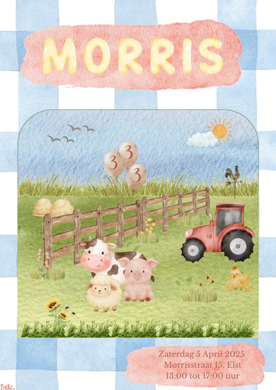 Gepersonaliseerde watercolor boerderij uitnodiging Morris met tractor op ruitjes achtergrond met witte envelop