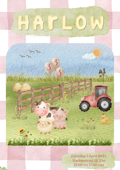 Gepersonaliseerde watercolor boerderij uitnodiging met naam Harlow en tractor op ruitjes achtergrond met witte envelop