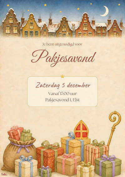 Uitnodiging voor pakjesavond met grachtenpanden en cadeautjes op een houten tafel