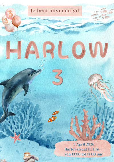 Gepersonaliseerde watercolor meiden uitnodiging oceaan thema met orca en witte envelop